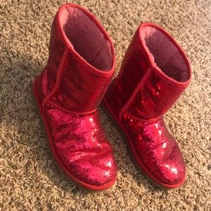 Red sequin Ugg boots, size 8.